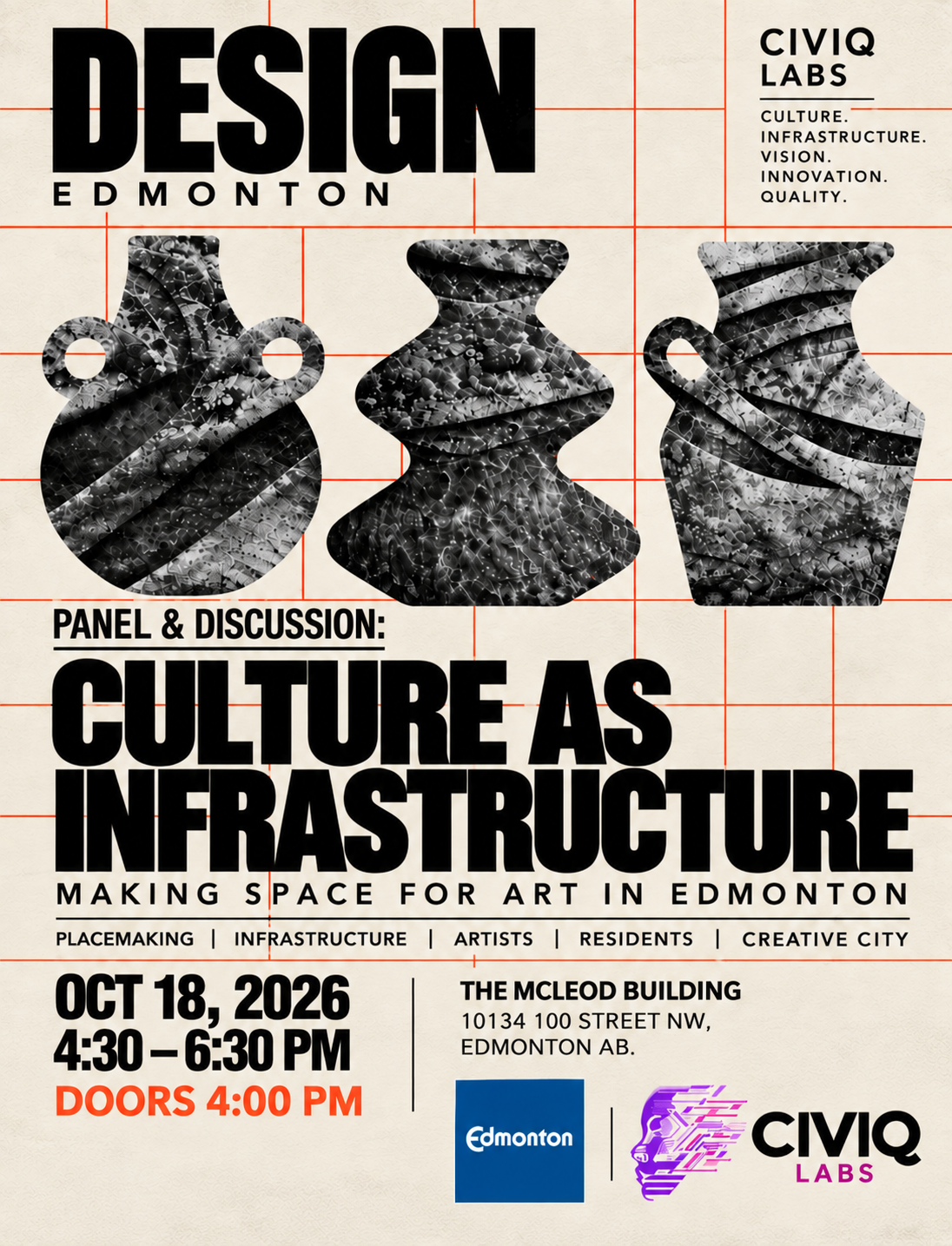 Design Edmonton and CIVIQ Labs panel discussion event flyer